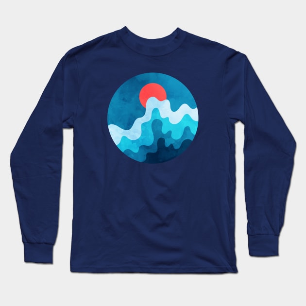 Vibrant Dark Blue Sky and Ocean Waves Art Long Sleeve T-Shirt by Insightly Designs